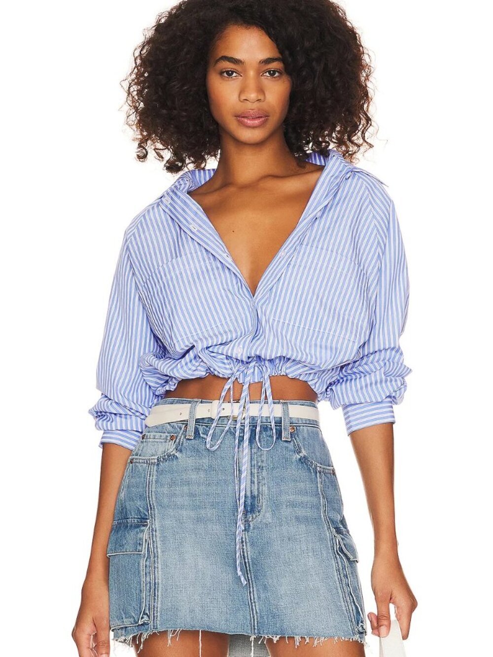 LNA CLOTHING BLUE & WHITE STRIPE ALPINE DRAWSTRING BUTTON UP TOP BLOUSE NWOT - S